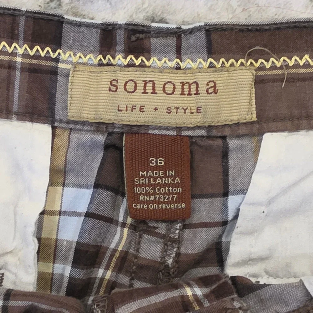 Sonoma Life + Style Mens Brown Plaid Cotton Flat Front Shorts Size 36